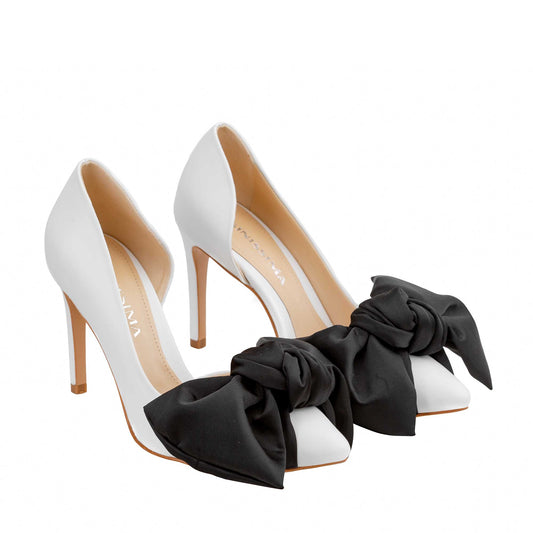 Samantha white leather and oversized black satin bow open sided stiletto