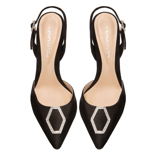 Alice Black Suede and Crystal Buckle Slingback Pumps