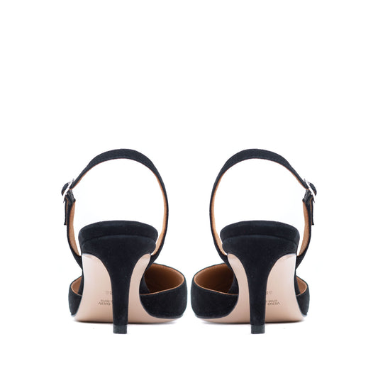 Alice Black Suede and Crystal Buckle Slingback Pumps